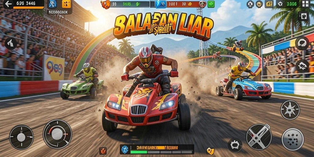 Tampilan gameplay intens dari balapan di sirkuit <strong>3446</strong>.