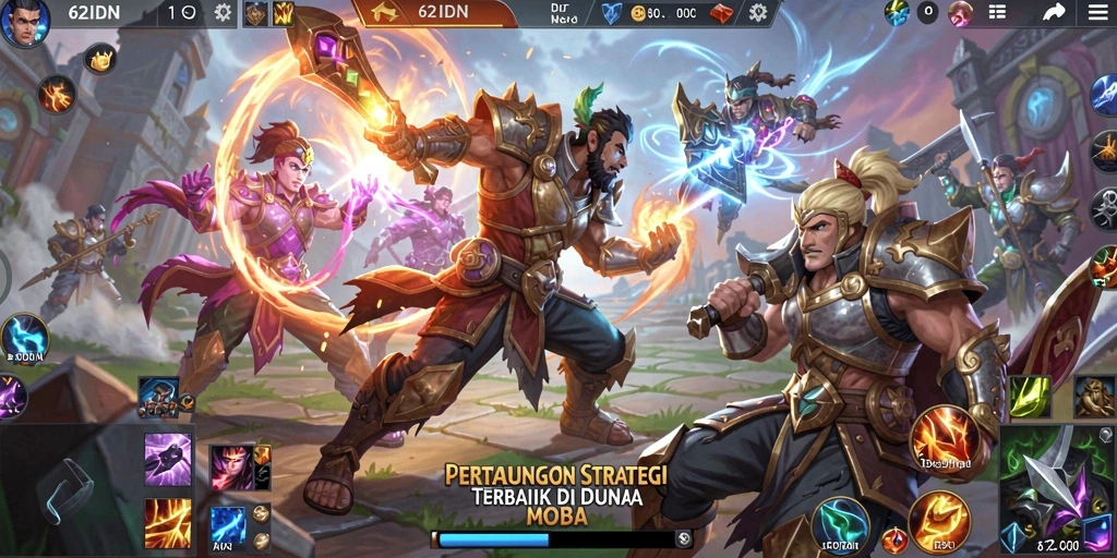 Tangkapan layar menunjukkan pertarungan epik dalam game MOBA 62IDN.