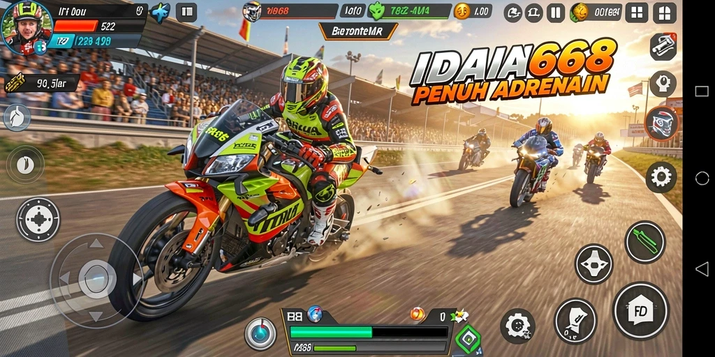 Screenshot gameplay IDN668 menampilkan balapan motor yang seru.