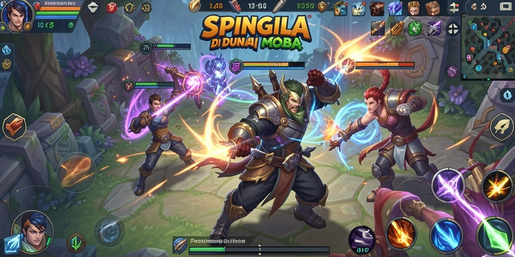 Tangkapan layar menunjukkan pertarungan MOBA yang intens dan strategis.