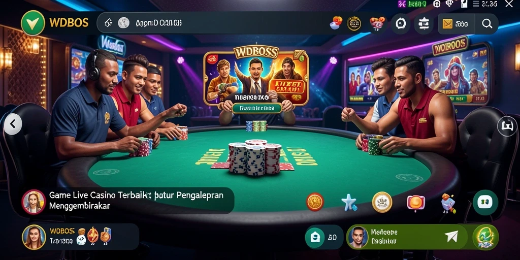 Screenshot dari gameplay WDBOS menampilkan dealer langsung dan suasana kasino yang nyata.
